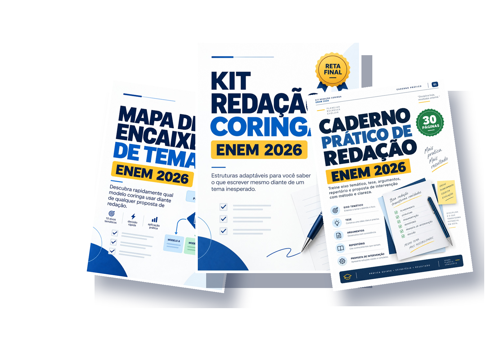 Mockup dos três materiais do Kit Redação Coringa ENEM 2026
