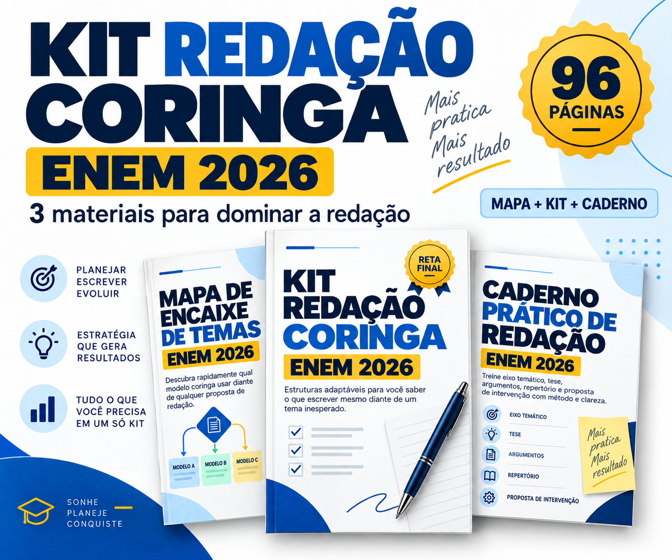 Kit Redação Coringa ENEM 2026 com três materiais: mapa, kit e caderno prático