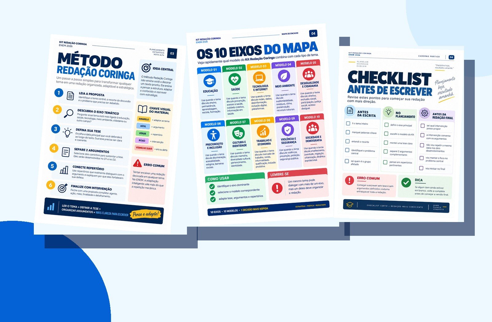 Prévia de páginas internas do Kit Redação Coringa, do Mapa de Encaixe e do Caderno Prático